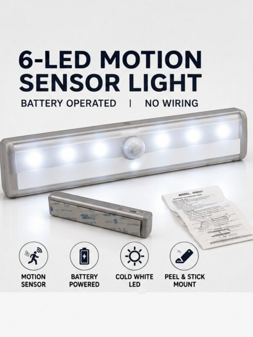 2-Pack Motion Sensor Battery-Operated 6 LED Closet Cold White Light Strip